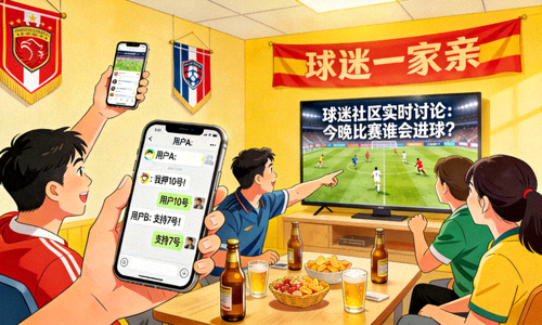 球迷社区互动场景，展示球迷聚会、讨论与线上交流的欢乐氛围